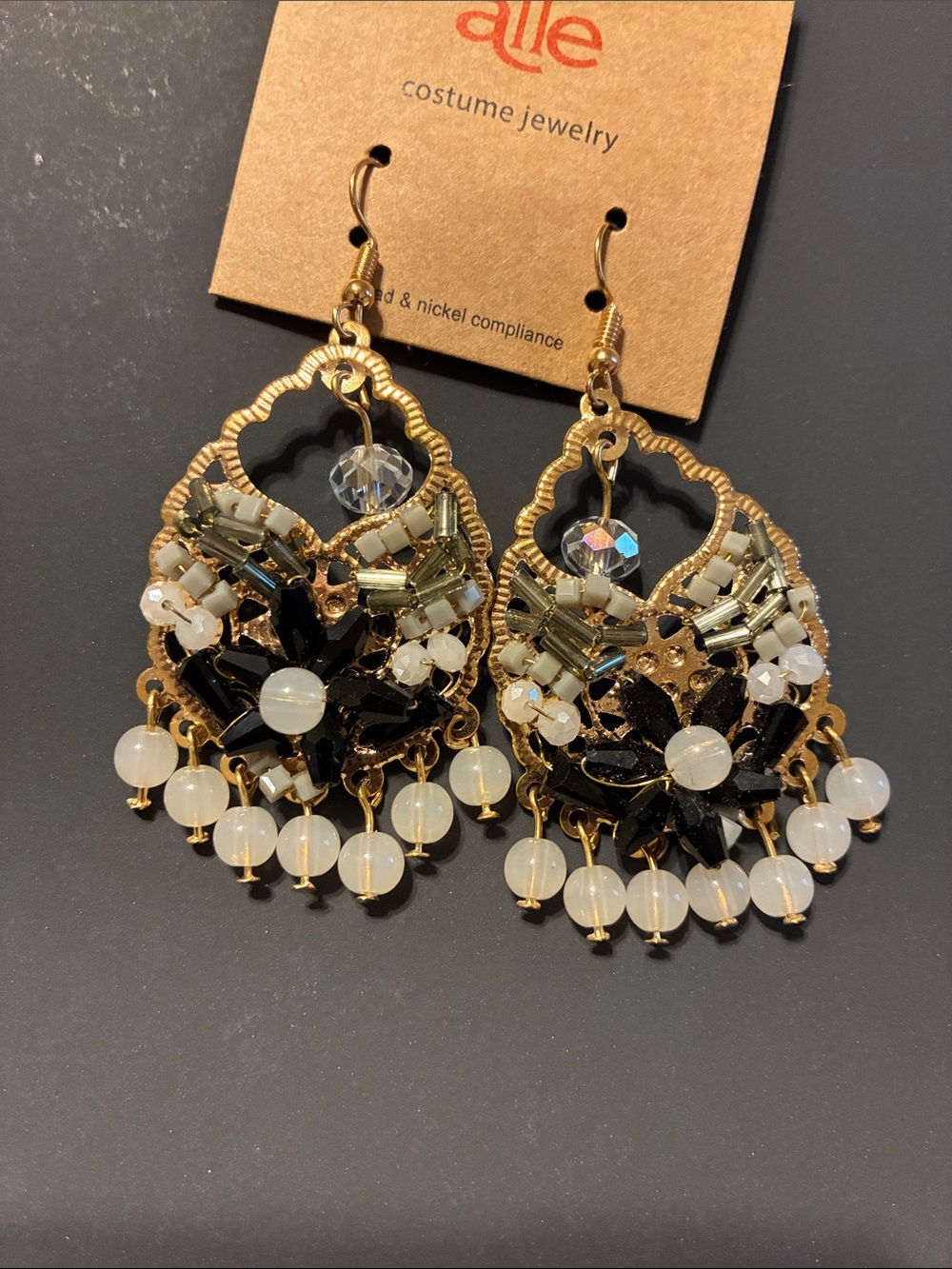 Gold-Tone Beaded Chandelier Earrings with White and Black Accents